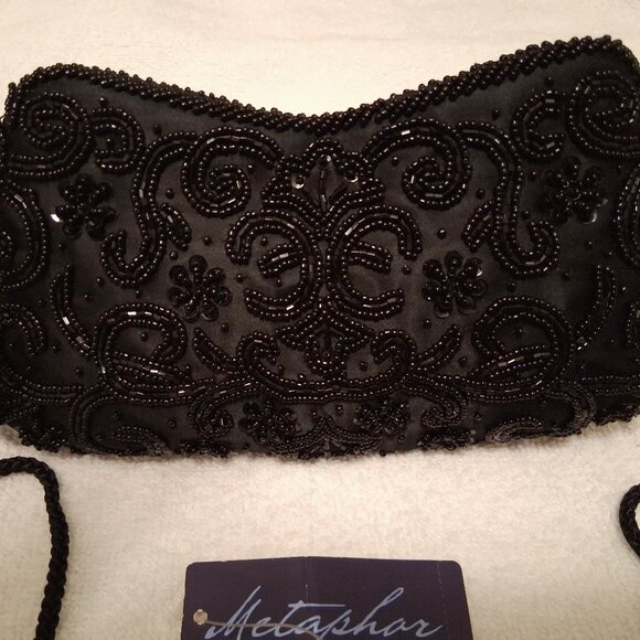 Metaphor Vintage Black Beaded Formal Evening Clutch Bag with Mirror EUC - Picture 2 of 12